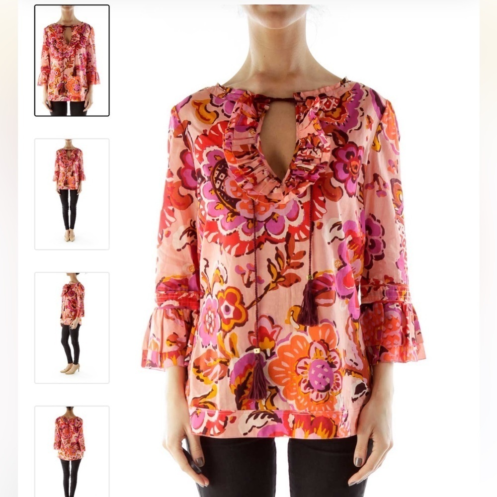 Tory Burch Pink Floral Tassel Tie Boho Blouse Top Size 4 Silk Cotton Blend - Picture 2 of 15